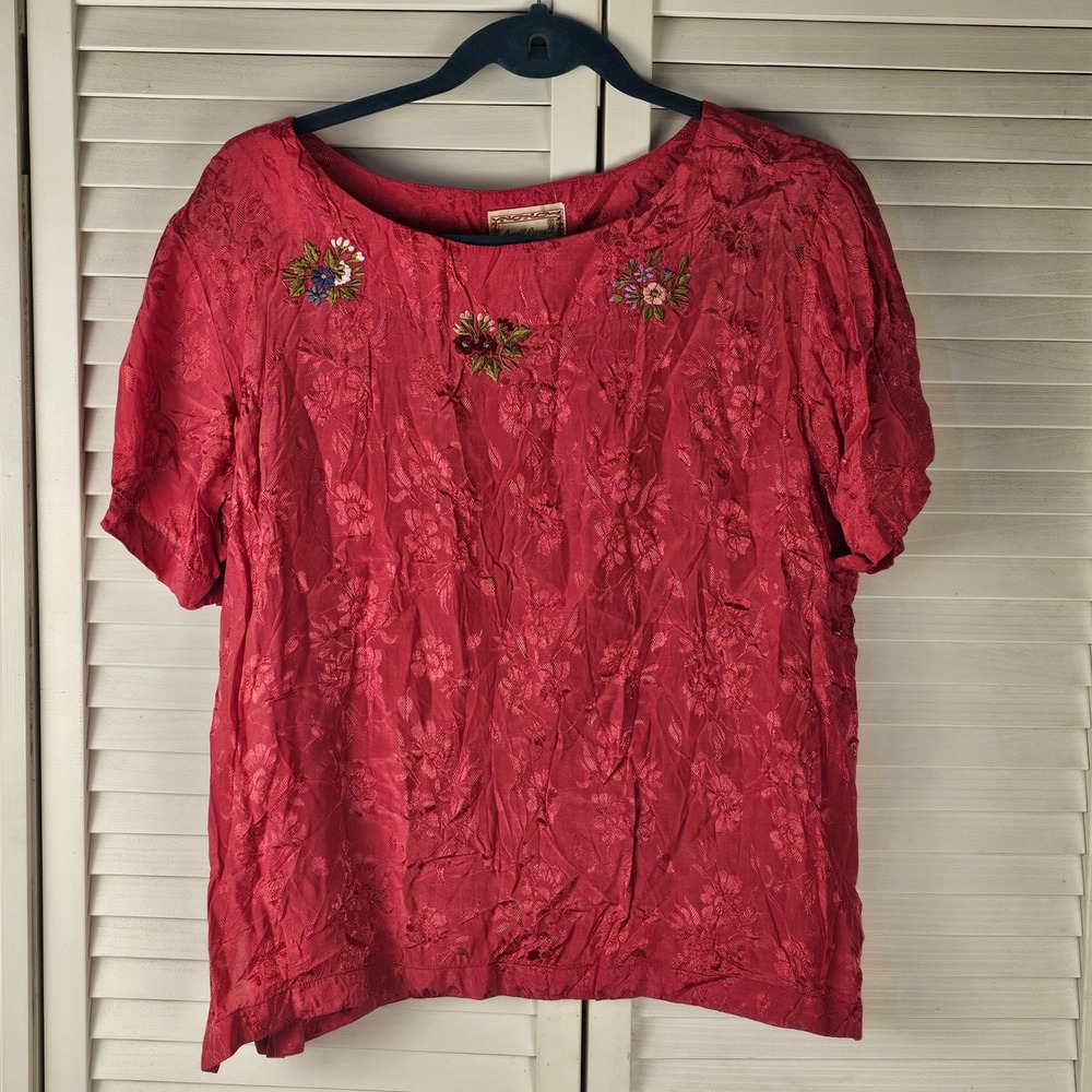 Vintage April Cornell Trading‎ Womens Pink Embroidered Short Sleeve Blouse XL